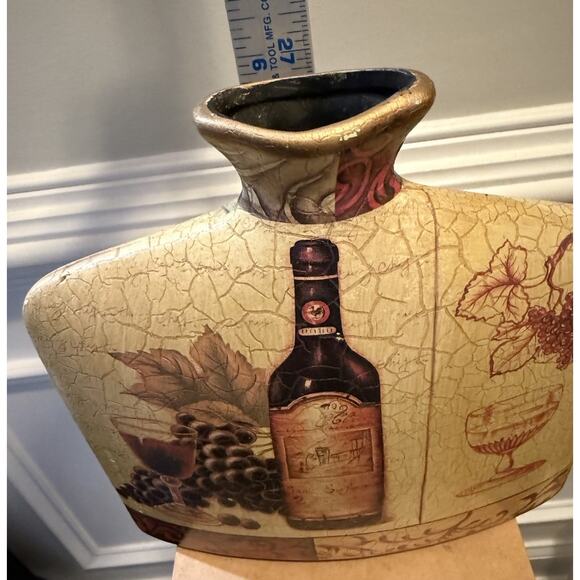 Tuscan Style Wine Bottle & Grapes Vase 10” x 9” Crackle Glaze Ceramic Decor - Picture 3 of 5